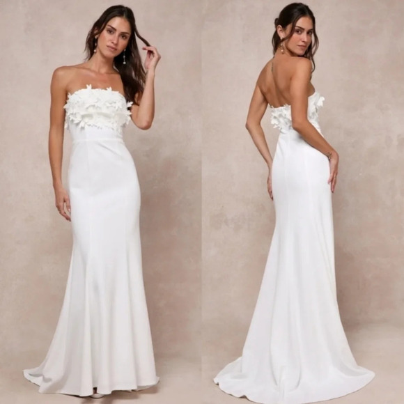 Lulu's Love Garden Ivory 3D Floral Embroidered Strapless Maxi Dress Wedding - Picture 1 of 11